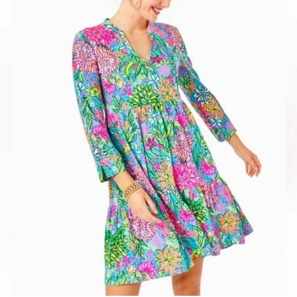 Lilly Pulitzer Alaina dress XL tiered, 3/4 sleeve walking on sunshine EUC